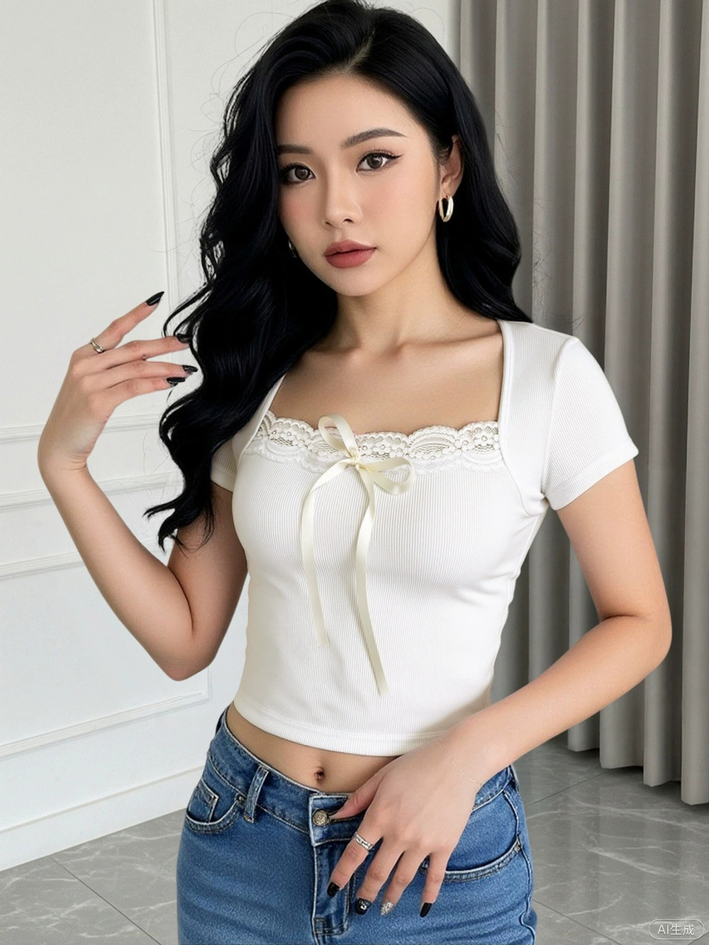 Zara Cropped Lace Square Neck Slim Fit Tee Summer
